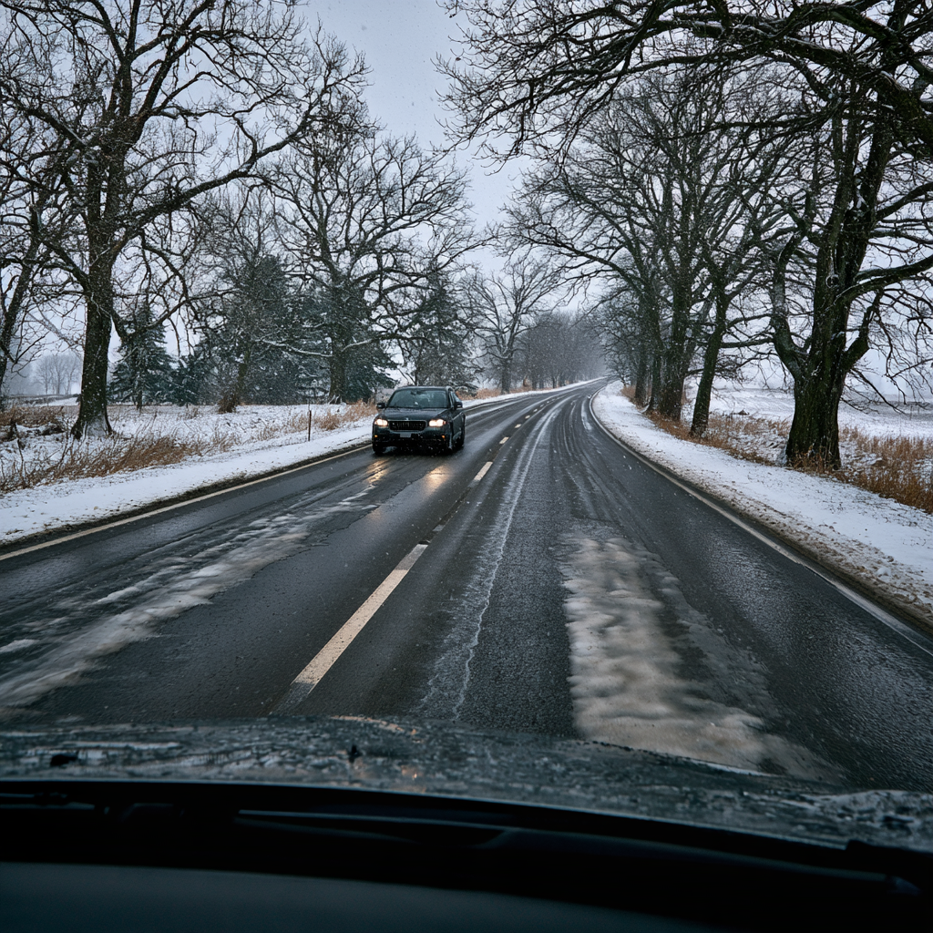 Snow falling on a wet, slushy two-lane road lined with bare winter trees, seen from behind the windshield.
