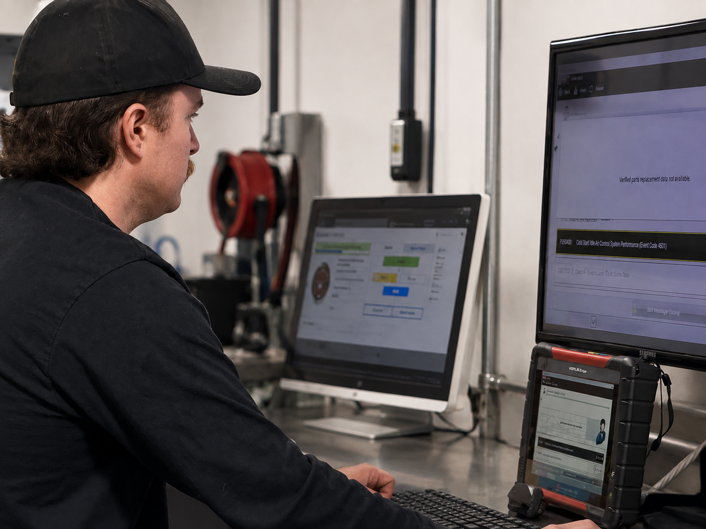 Technician reviewing vehicle diagnostics during a routine service visit