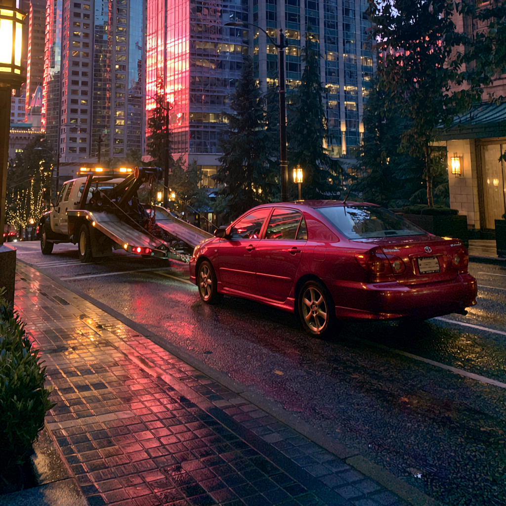 A red Toyota Corolla being loaded onto a flatbed tow truck on a rainy city street at dusk.