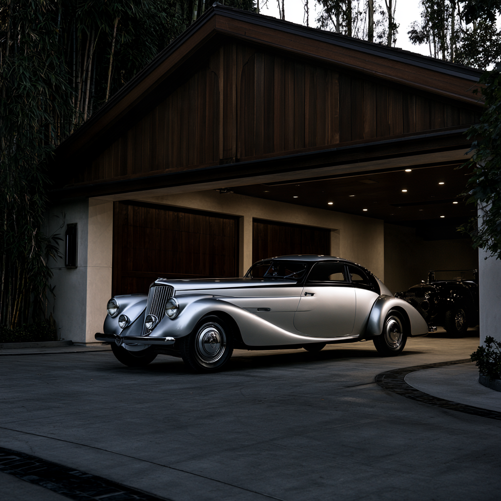 A silver Pierce-Arrow Silver Arrow parked outside a wood-and-stucco garage at dusk.