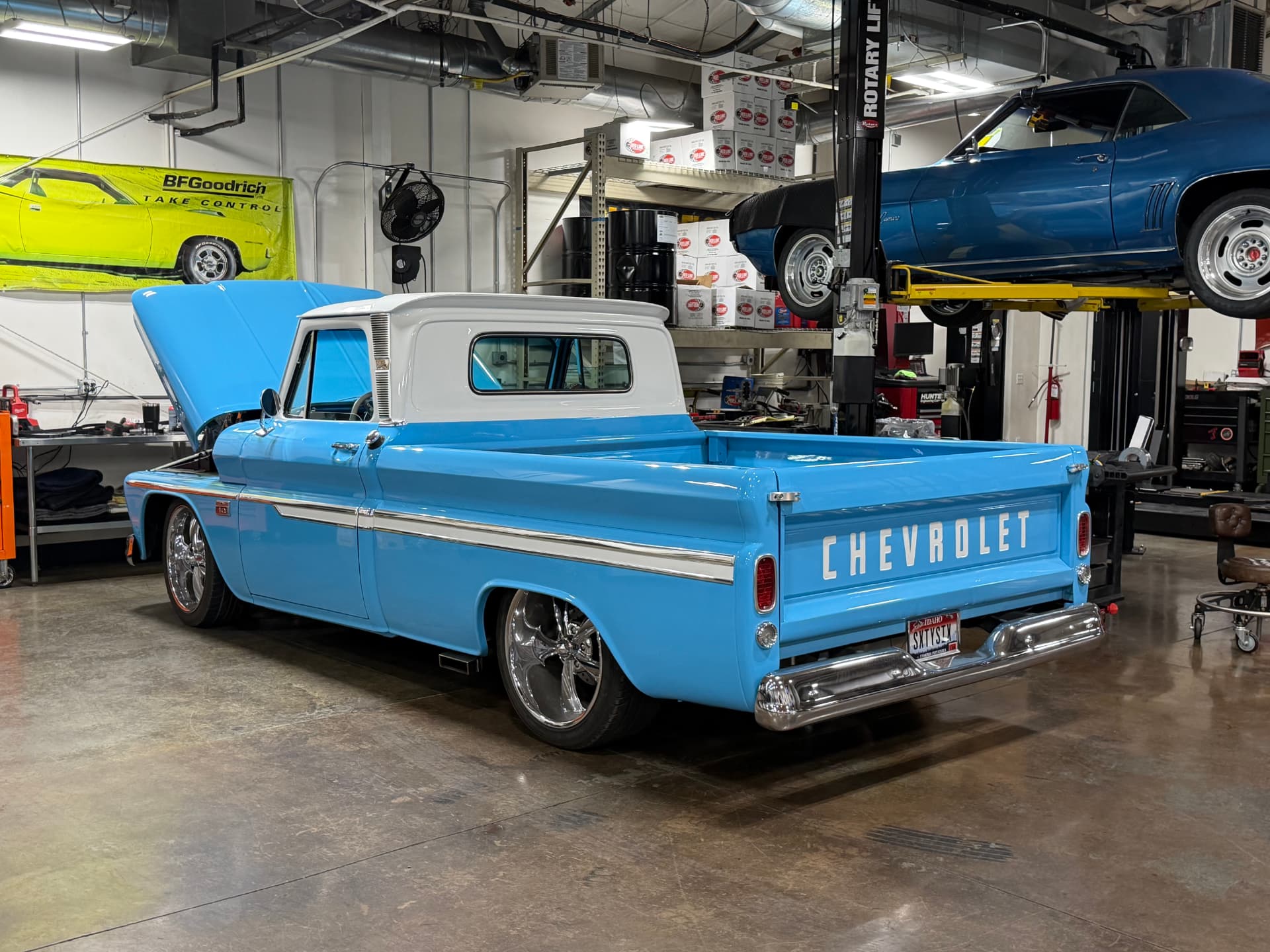 Baby blue classic Chevrolet truck in the Restoration Rods shop