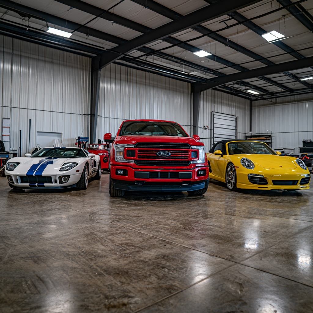 A white Ford GT, red Ford F-150, and yellow Porsche 911 inside the Restoration Rods garage in Garden City, Idaho